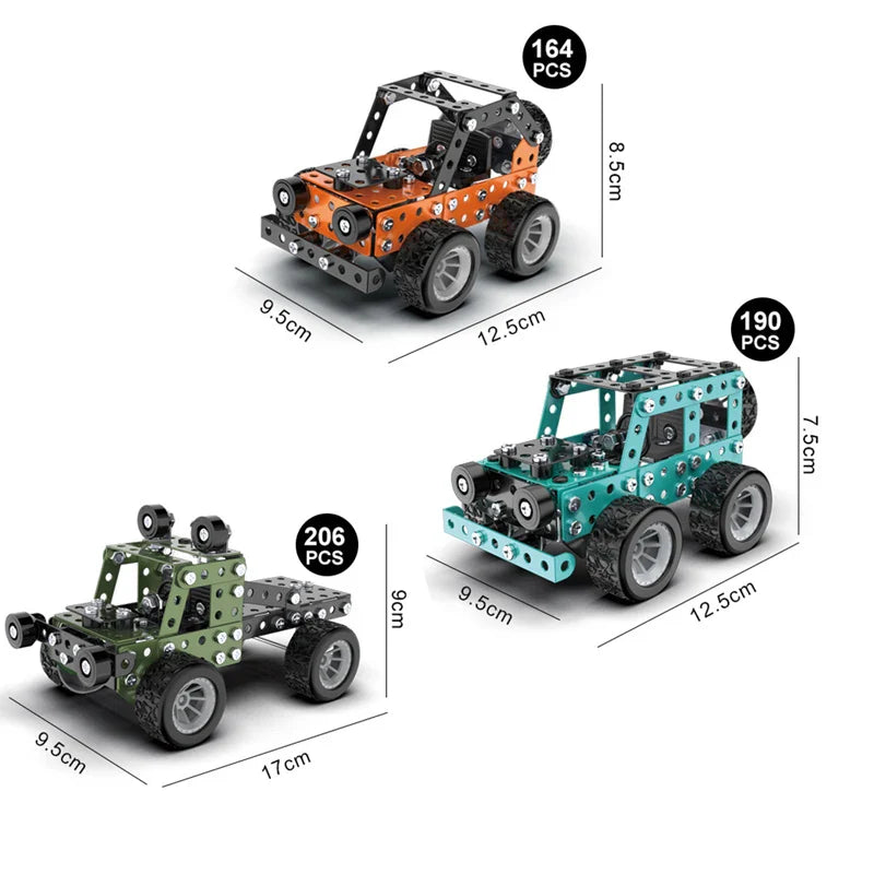 Size chart showing orange, teal, and green off-road models with 164, 190, and 206 pieces