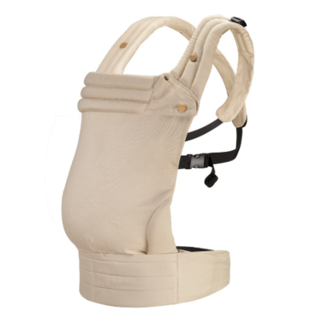 Off-white cotton baby carrier with padded shoulder straps and a wide waist belt