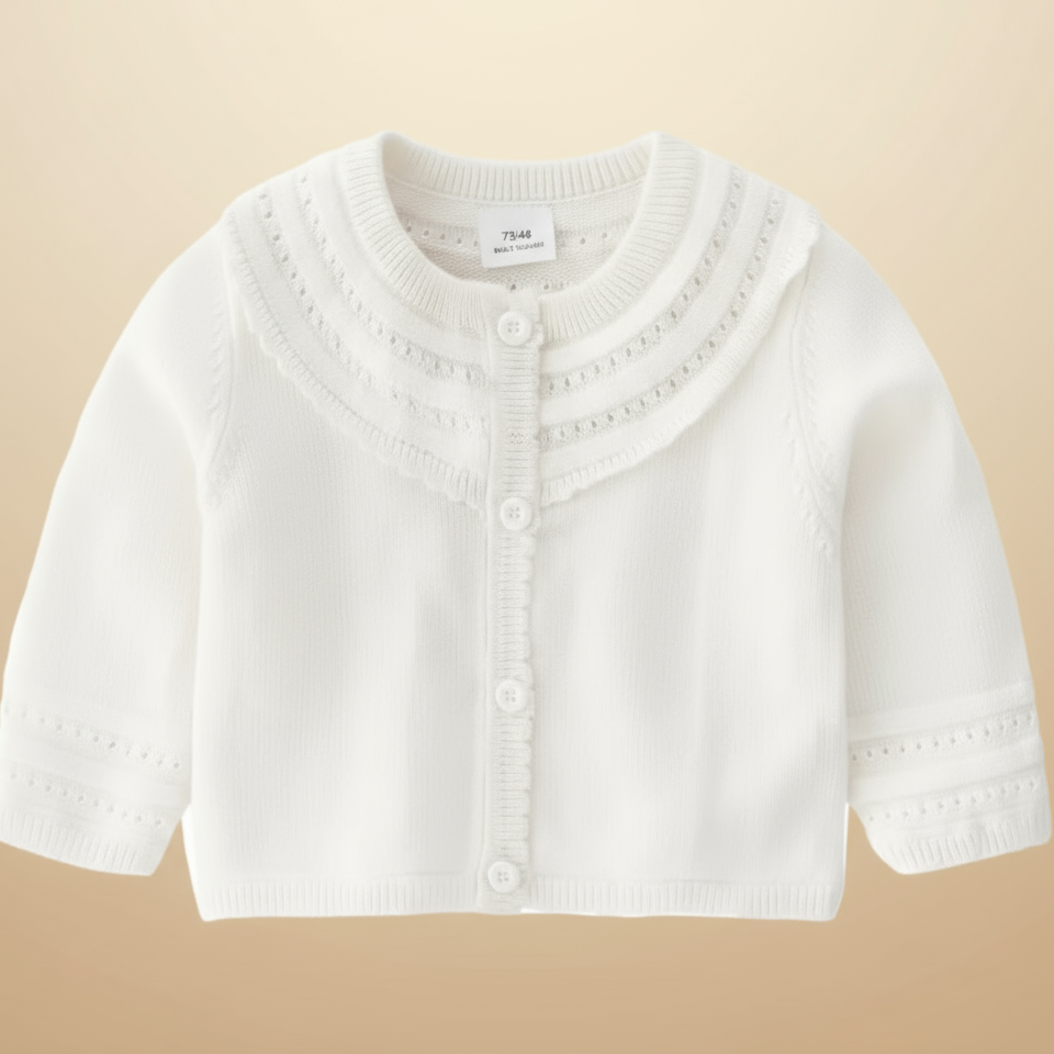 Off-white baby cardigan with decorative neckline bands and patterned sleeve cuffs