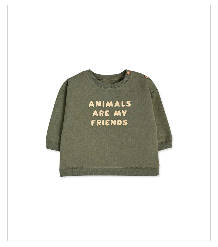 Olive green long-sleeve baby T-shirt with &