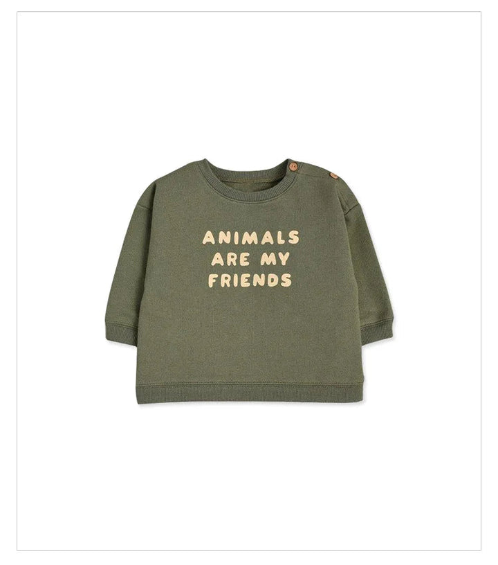 Olive green long-sleeve baby T-shirt with &