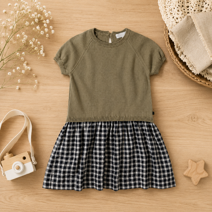 Olive green dress with a short-sleeve knit top and black-and-white plaid skirt, laid flat.
