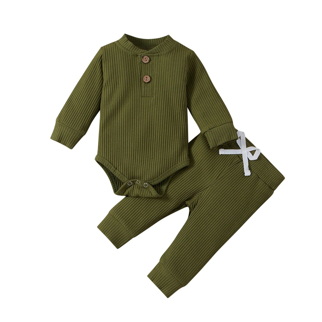 Olive green ribbed baby bodysuit and matching pants with neckline buttons