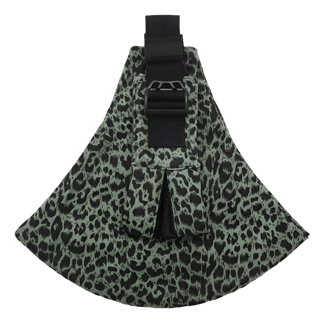 Olive green leopard-print hip carrier with a black buckle and strap