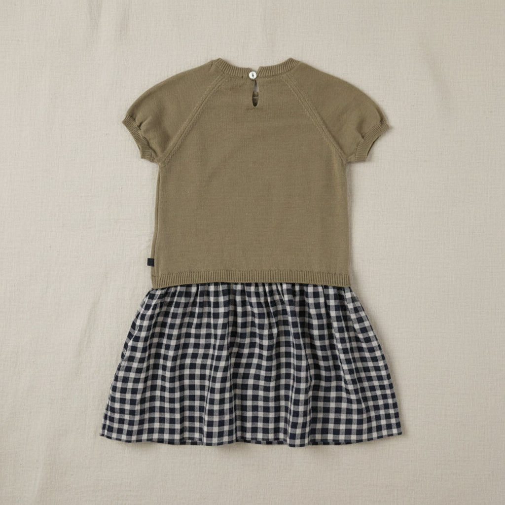 Back of the olive green plaid dress, showing the keyhole button closure.