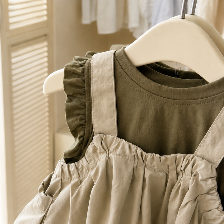 Olive top with ruffled shoulders beneath the khaki pinafore straps