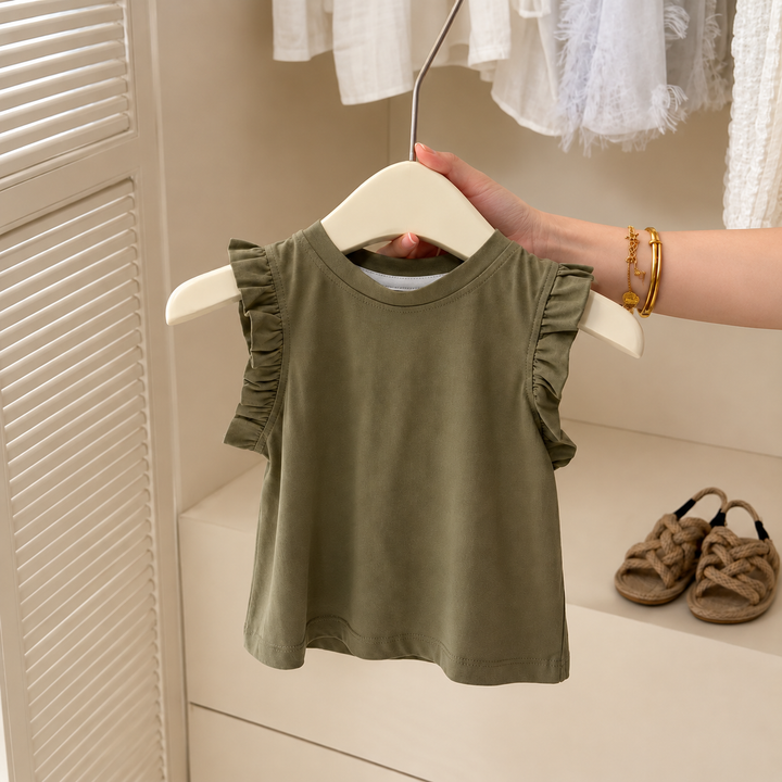 Olive sleeveless top with ruffled armholes displayed on a hanger