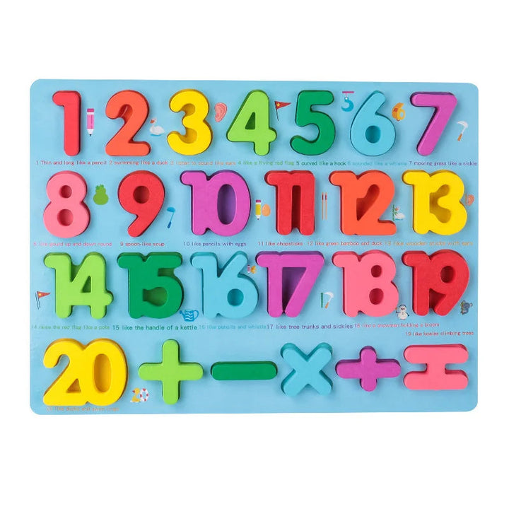 Wooden number puzzle with colorful pieces from 1 to 20 and arithmetic symbols