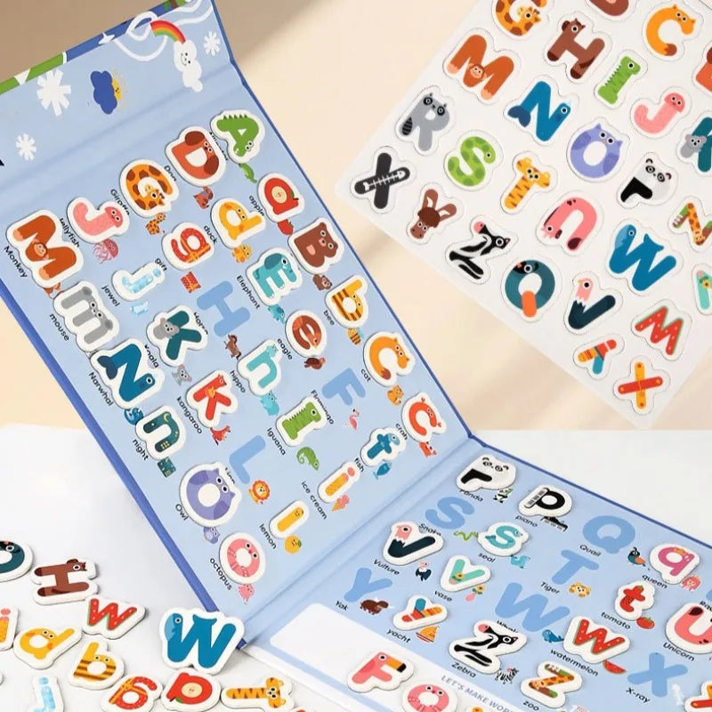 Magnetic alphabet book opened beside uppercase and lowercase letter pieces
