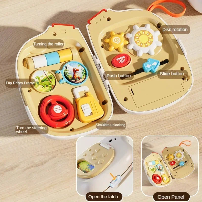 Open busy-board case with a roller, gears, steering wheel, push button, and slider