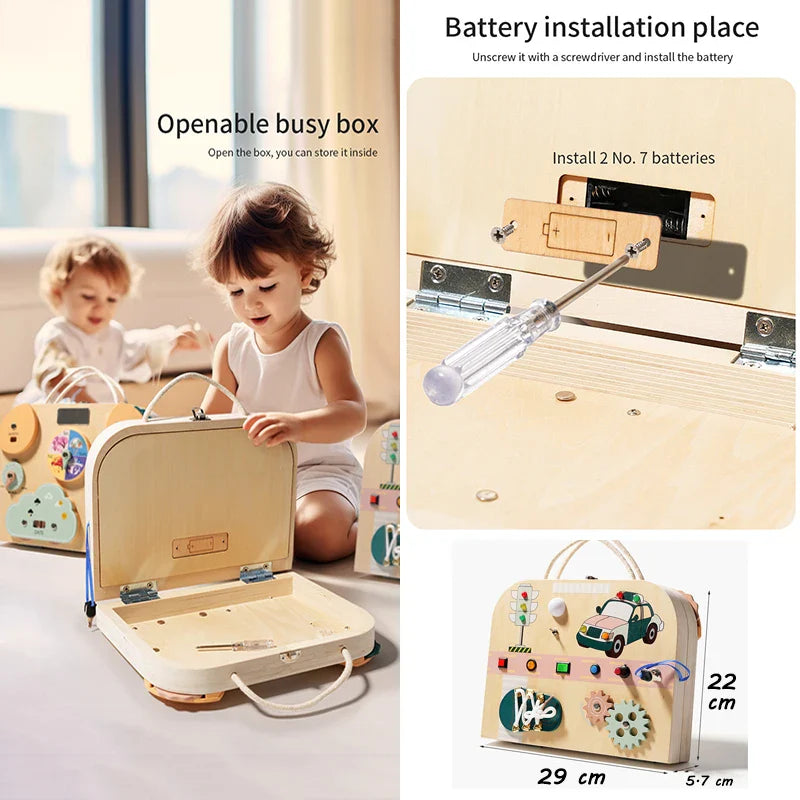 Wooden activity case shown open, with a screwdriver-access battery compartment and size measurements.