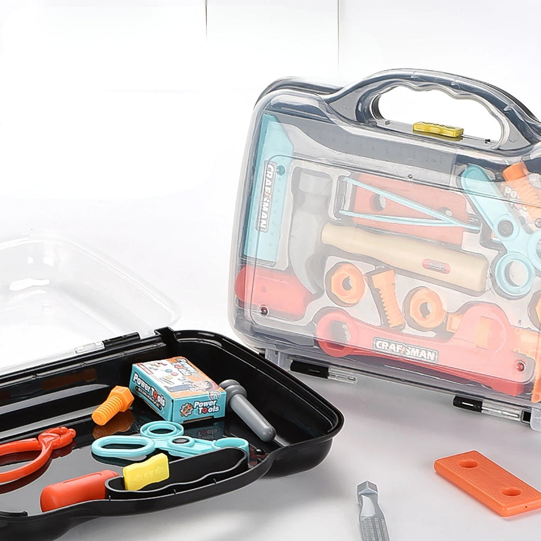 Open black carrying case beside an upright clear-front case filled with pretend tools