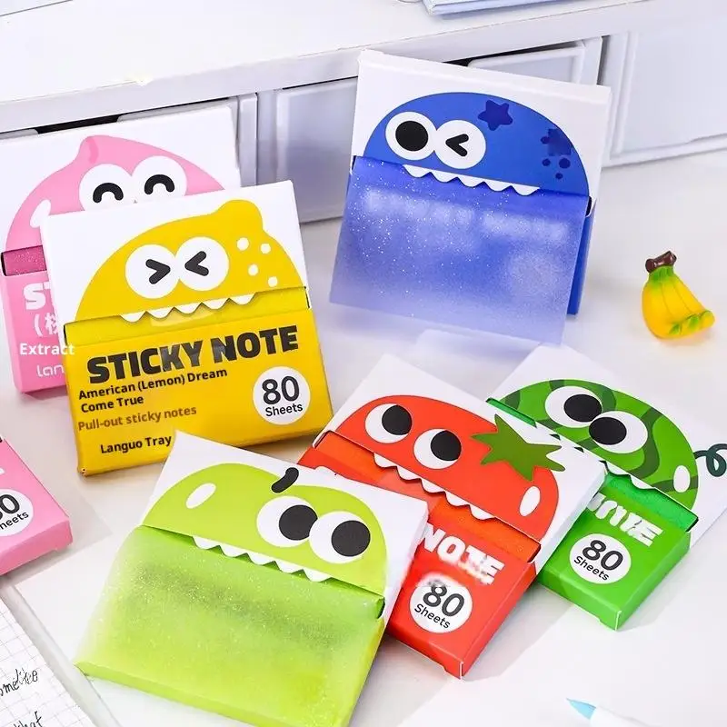 Cartoon sticky note packs with blue and apple green sheets pulled out