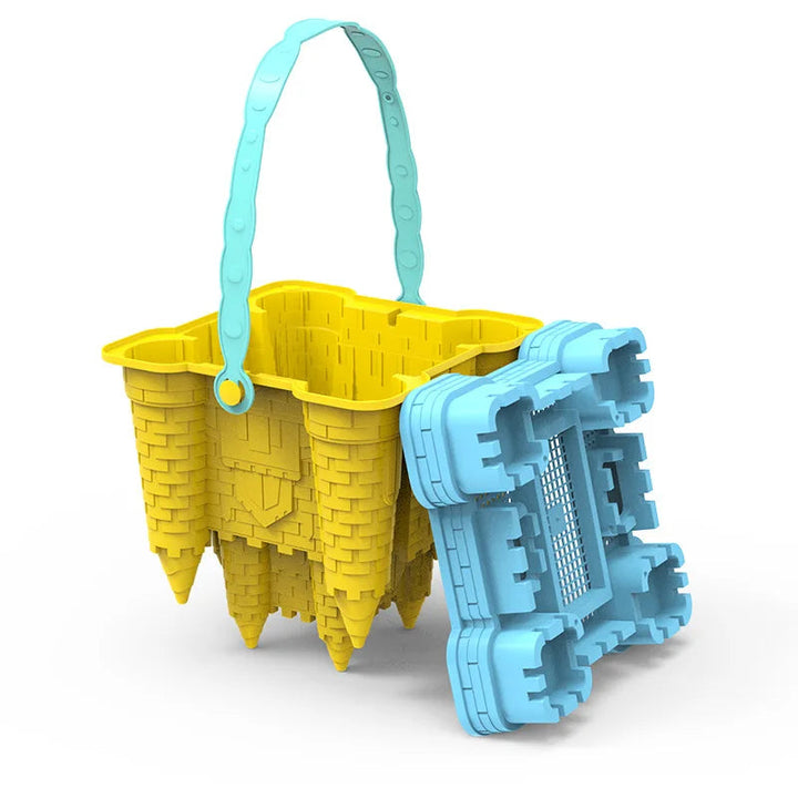 Open yellow castle-shaped bucket with a turquoise handle and detached blue top