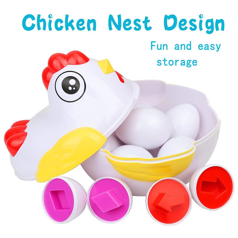 Open chicken-shaped storage case holding white eggs beside colorful matching halves