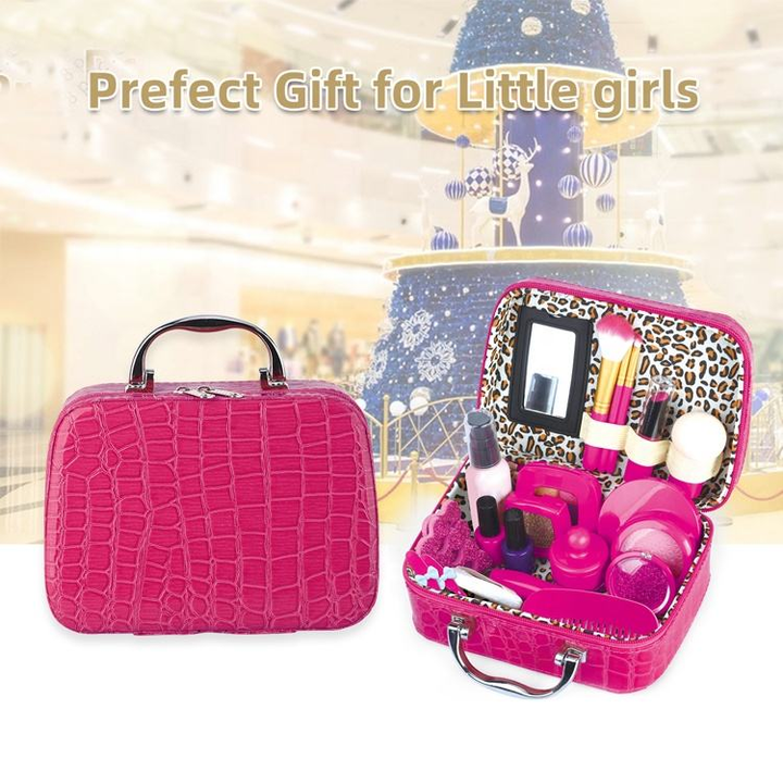 Closed and open pink carry cases displaying pretend makeup accessories