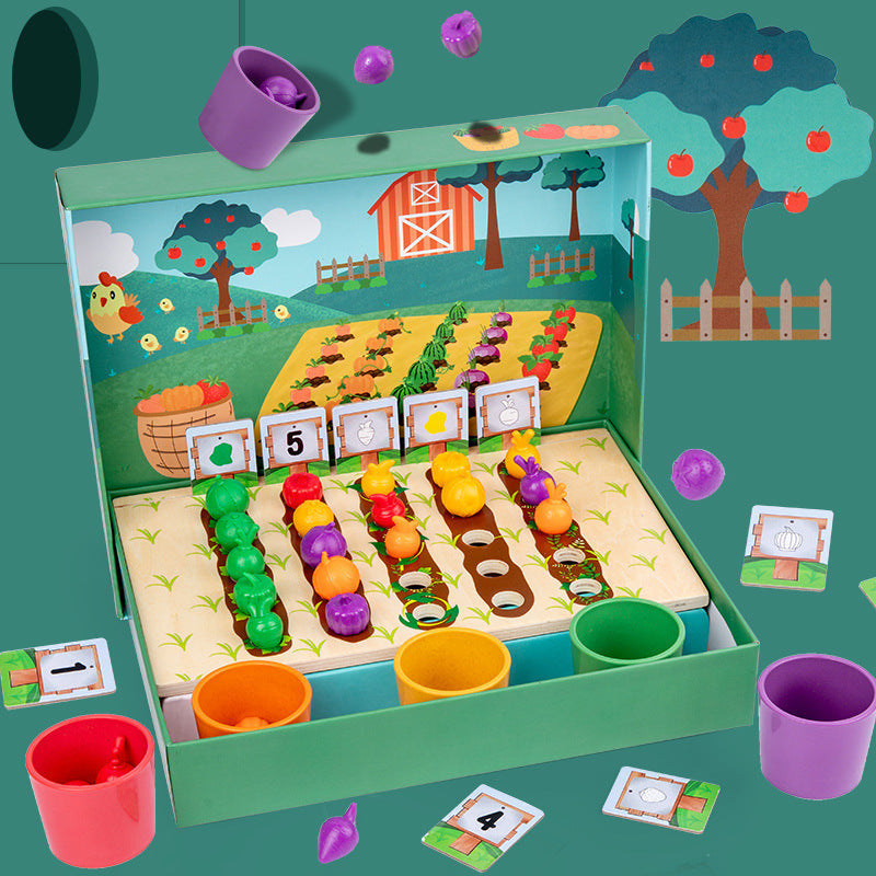 Open farm counting game with rows of vegetable pieces, colorful baskets and counting cards