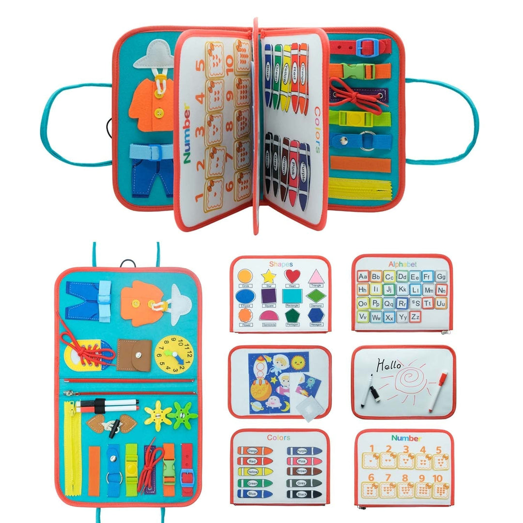 Open felt busy book with fastening activities and pages for shapes, letters, colors and numbers