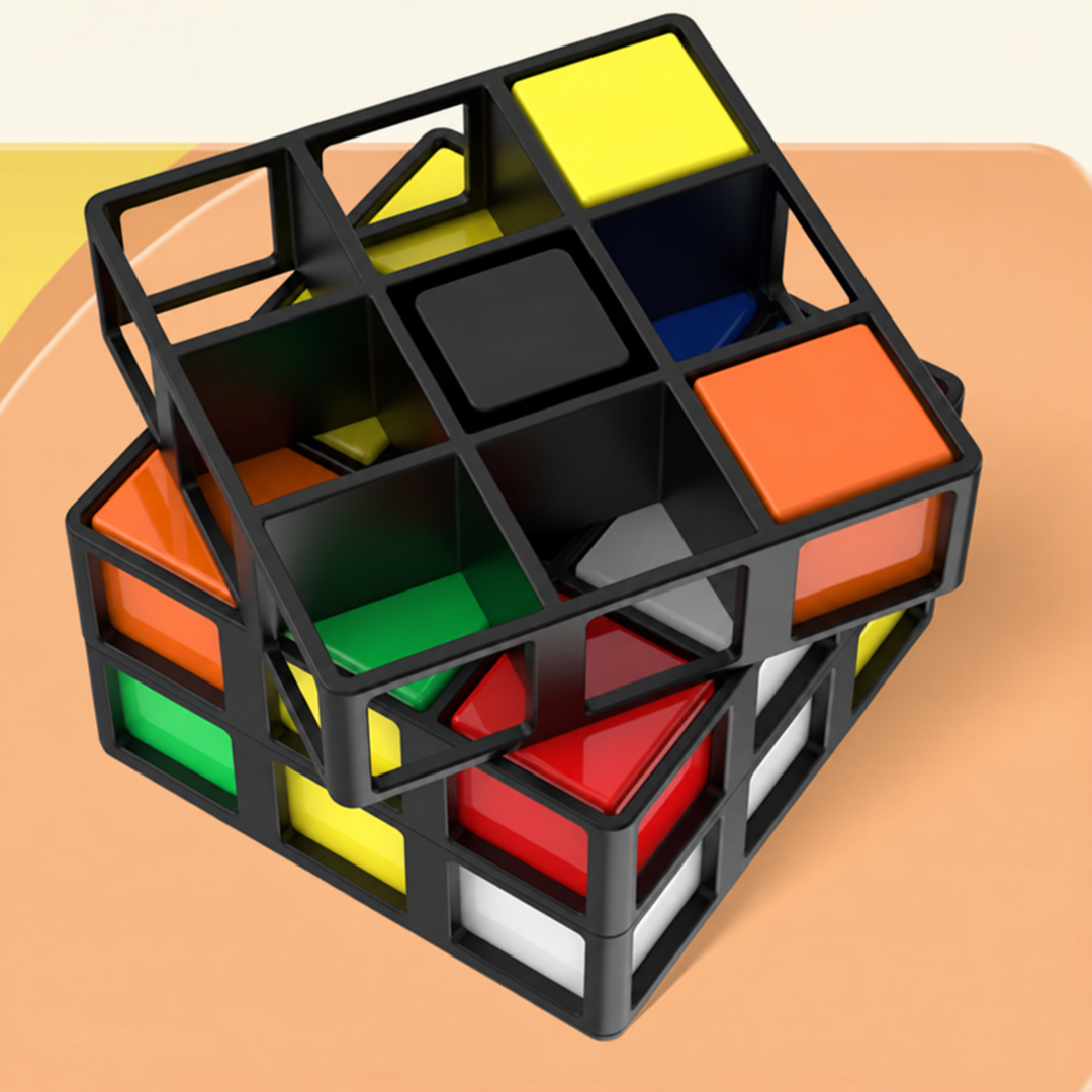 Open-frame puzzle cube with its top layer turned to show the interior