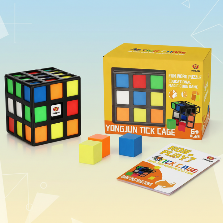 Open-frame puzzle cube with colored blocks, a booklet, and yellow packaging
