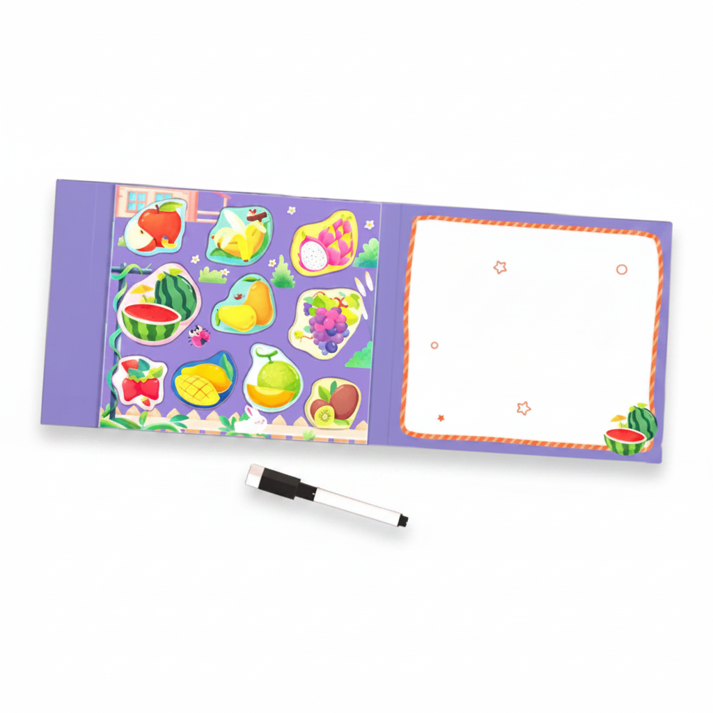 Purple fruit puzzle book open to its matching pieces and blank drawing page, with a pen below.