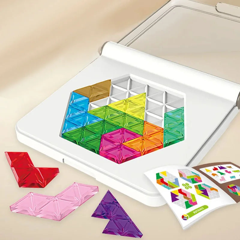 Open puzzle board with translucent geometric pieces and a colorful activity booklet