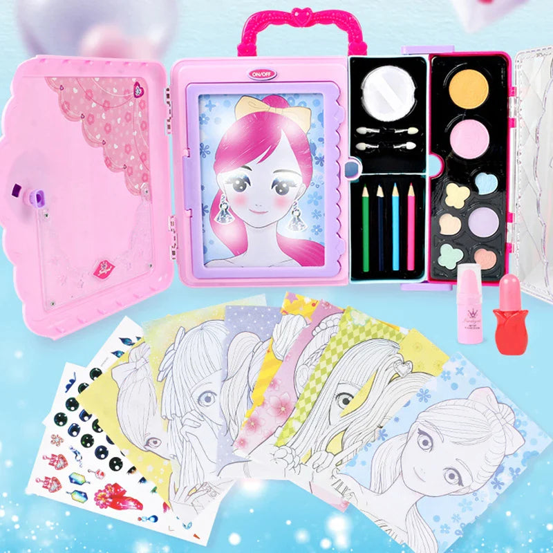 Open pink makeup drawing case with colored pencils, palettes, face cards and stickers
