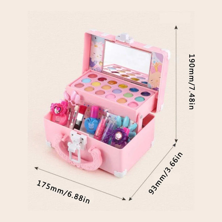 Open pink makeup case with a colorful palette, cosmetics in the lower compartment and dimension labels