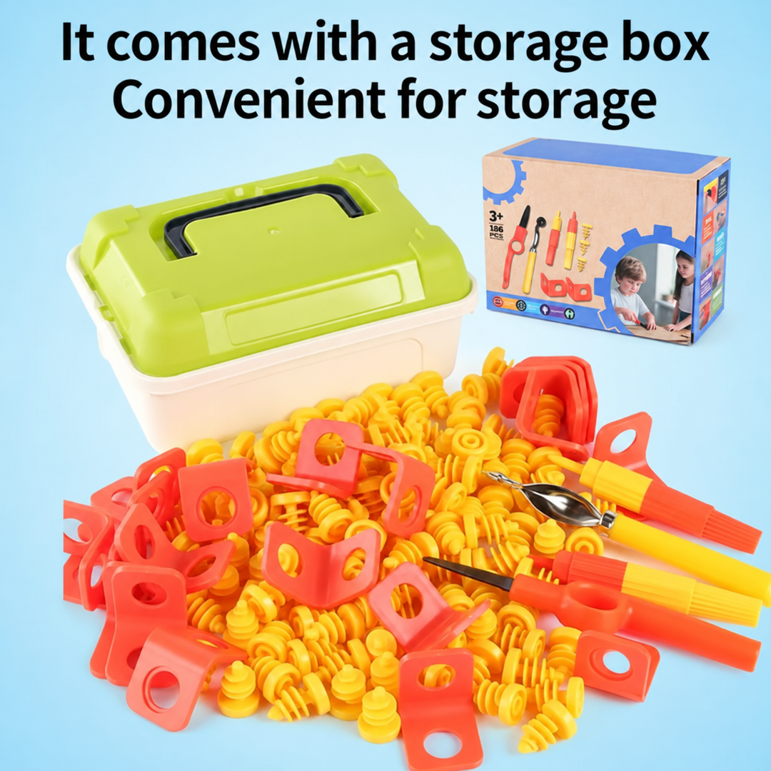 Cardboard craft tools and yellow screws in front of an open green-lidded storage box
