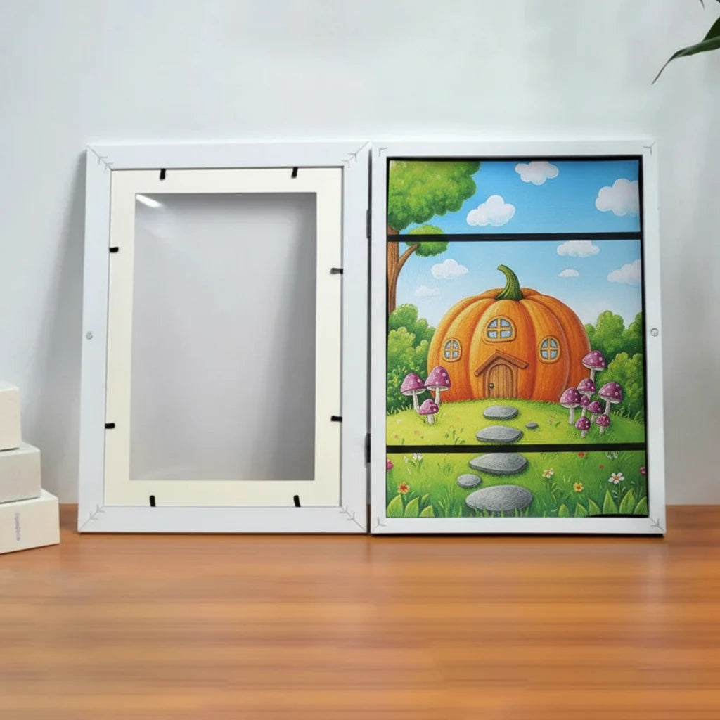 Open white art frame displaying a pumpkin-house illustration
