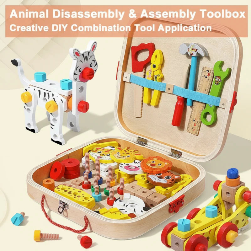 Open wooden carrying case holding toy tools and animal building pieces, with assembled models beside it