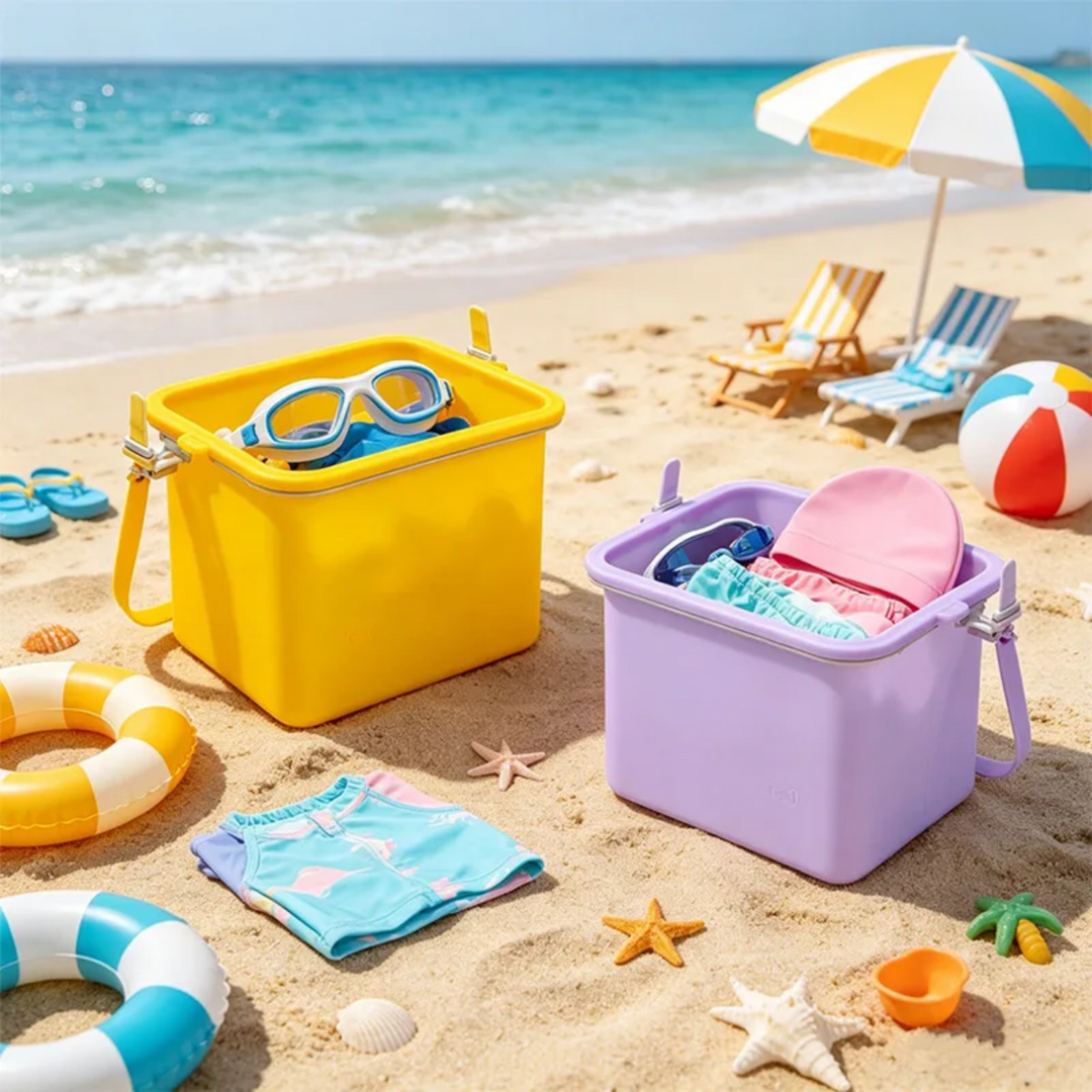 Open yellow and purple bags holding swimming accessories on beach sand.