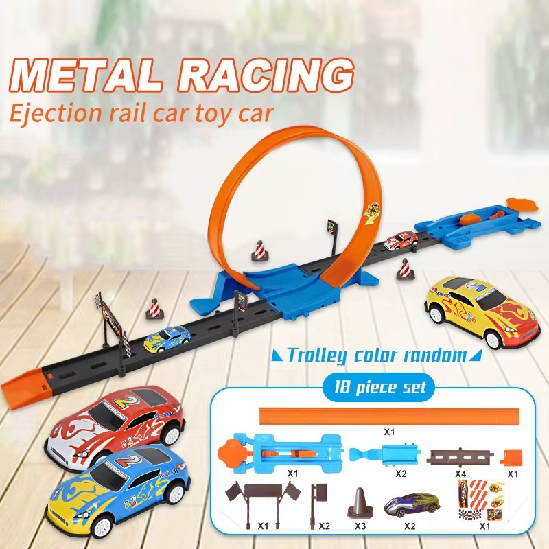 Orange-loop 18-piece track set with a blue launcher and an illustrated parts list.