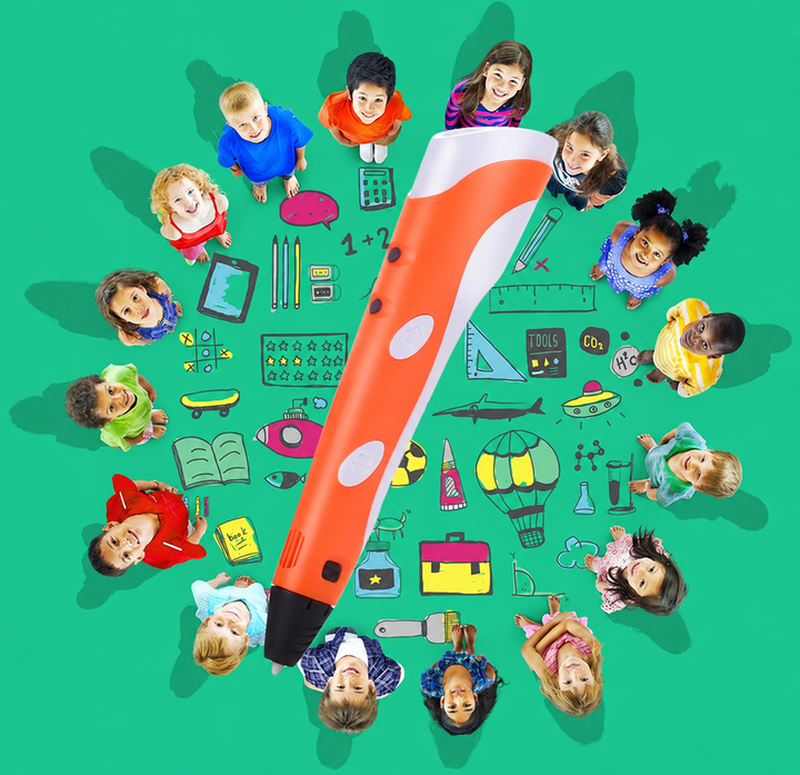 Orange 3D drawing pen graphic surrounded by children and creative symbols