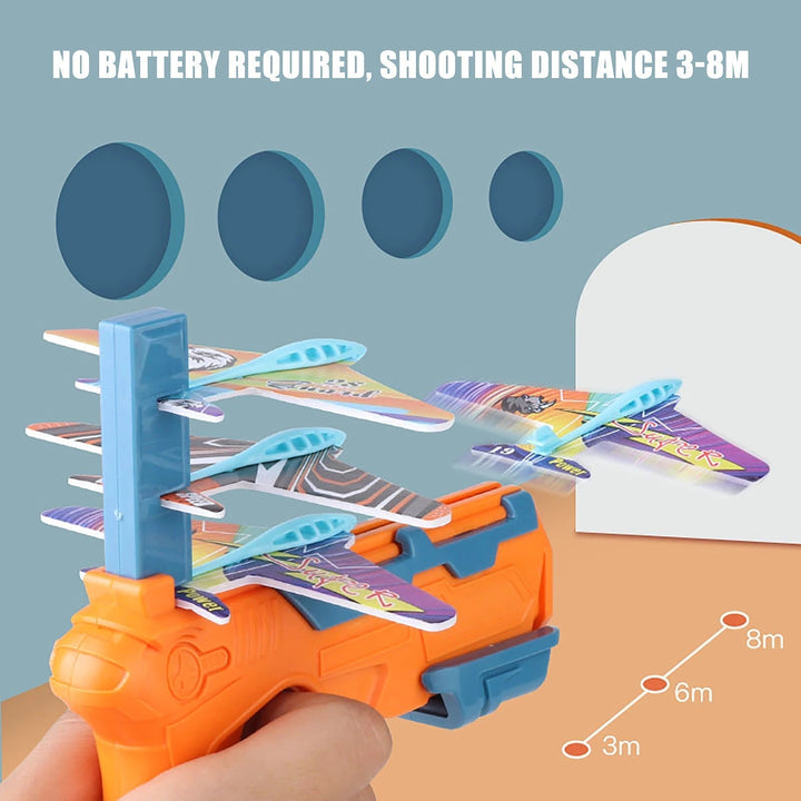 Orange airplane launcher with a battery-free design and a 3–8 meter launch-range graphic