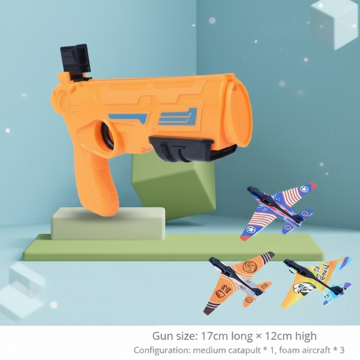 Orange airplane launcher displayed with three colorful foam planes