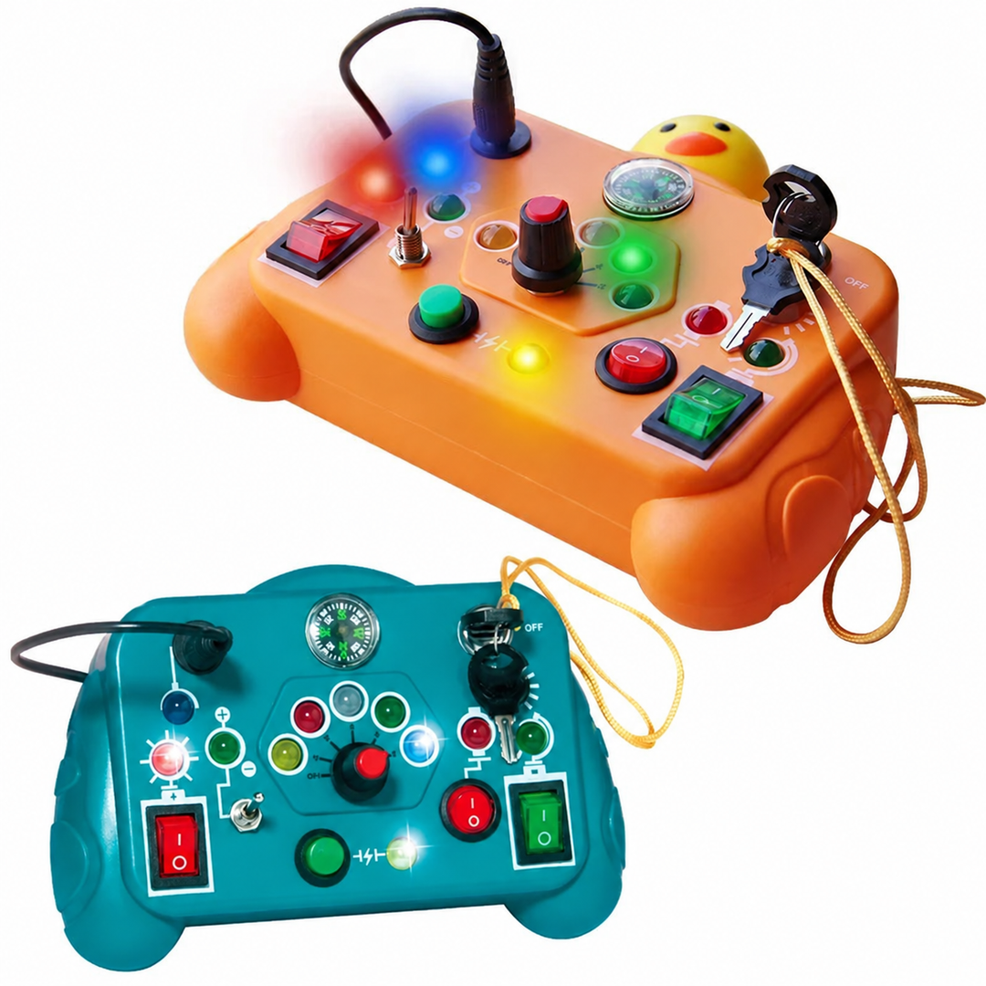 Orange and dark blue activity boards with colorful lights, switches, buttons, a dial, and attached keys