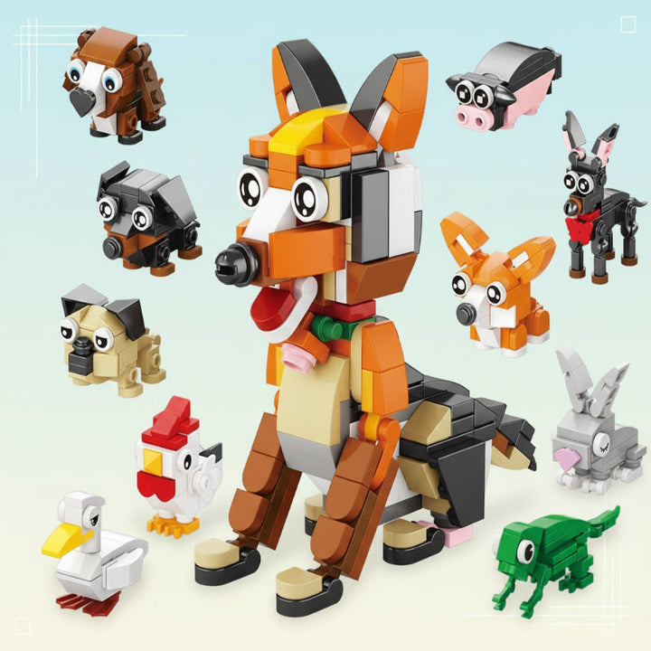 Orange block-built animal surrounded by smaller pet and animal models