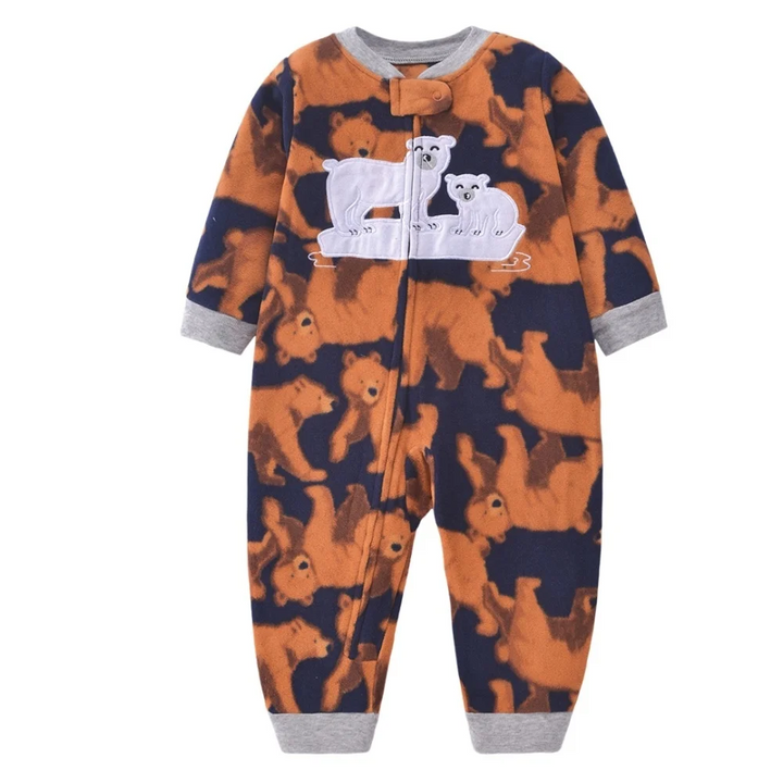 Orange and navy animal-print baby jumpsuit with white bears across the chest