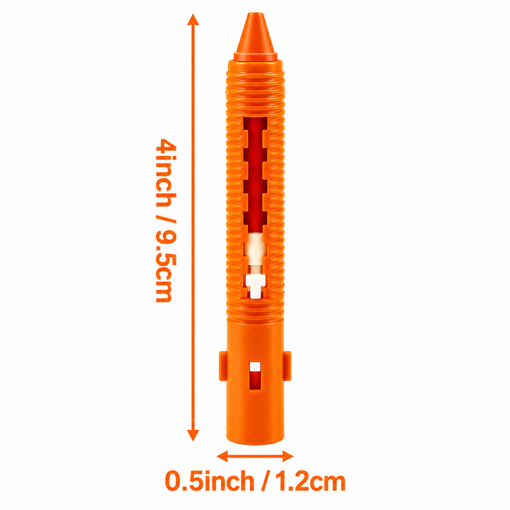 Orange bath crayon with labeled dimensions of 9.5 cm long and 1.2 cm wide.