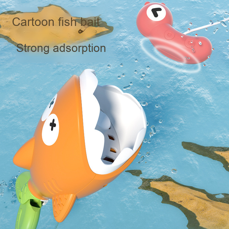 Orange bath fish with an open mouth beside a pink magnetic fishing lure