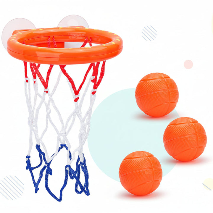 Orange suction-cup basketball hoop with a red, white, and blue net and three orange balls