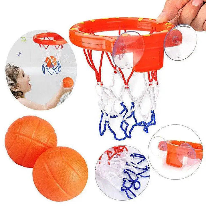 Orange bath hoop with two basketballs, suction cups, and a red, white, and blue net