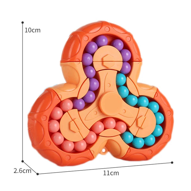 Orange bead puzzle with purple, turquoise, and pink beads and 11 by 10 by 2.6 cm measurements