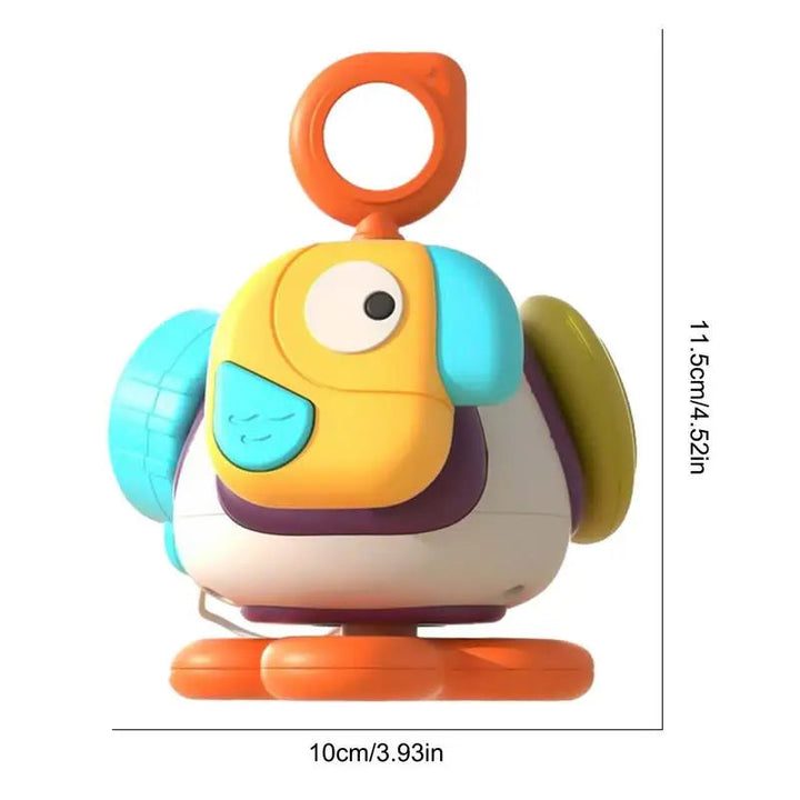 Orange-accented bird sensory toy with measurements of 10 cm wide and 11.5 cm tall