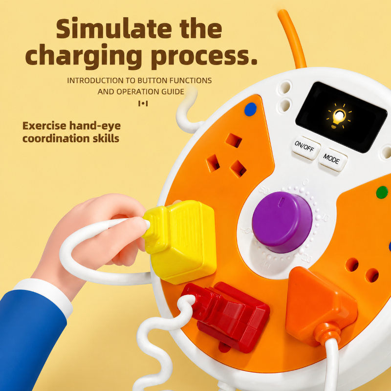 Hand inserting the yellow toy plug into the Orange busy board