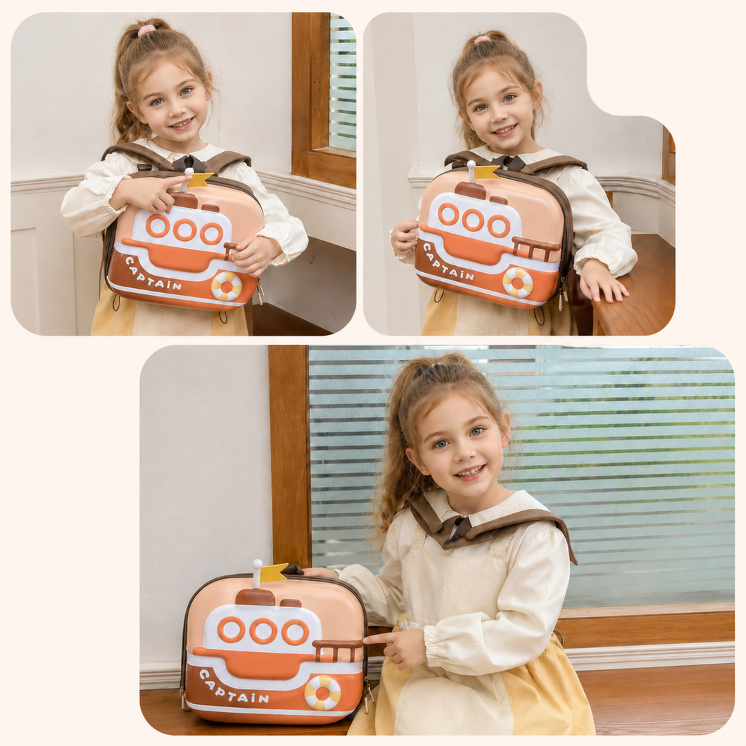 Three views of a child holding and carrying the orange boat backpack