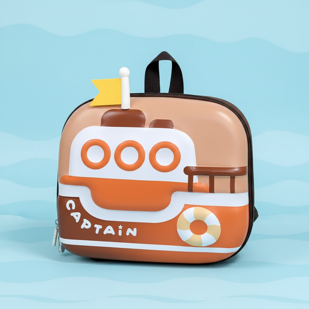 Orange boat backpack with dark trim, portholes and a yellow flag