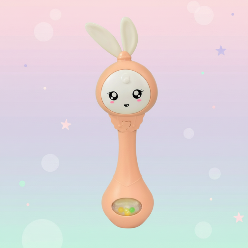 Orange bunny baby rattle with a narrow handle and a clear bead compartment