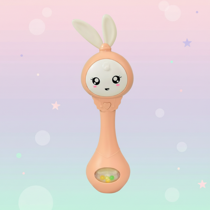 Orange bunny baby rattle with a narrow handle and a clear bead compartment